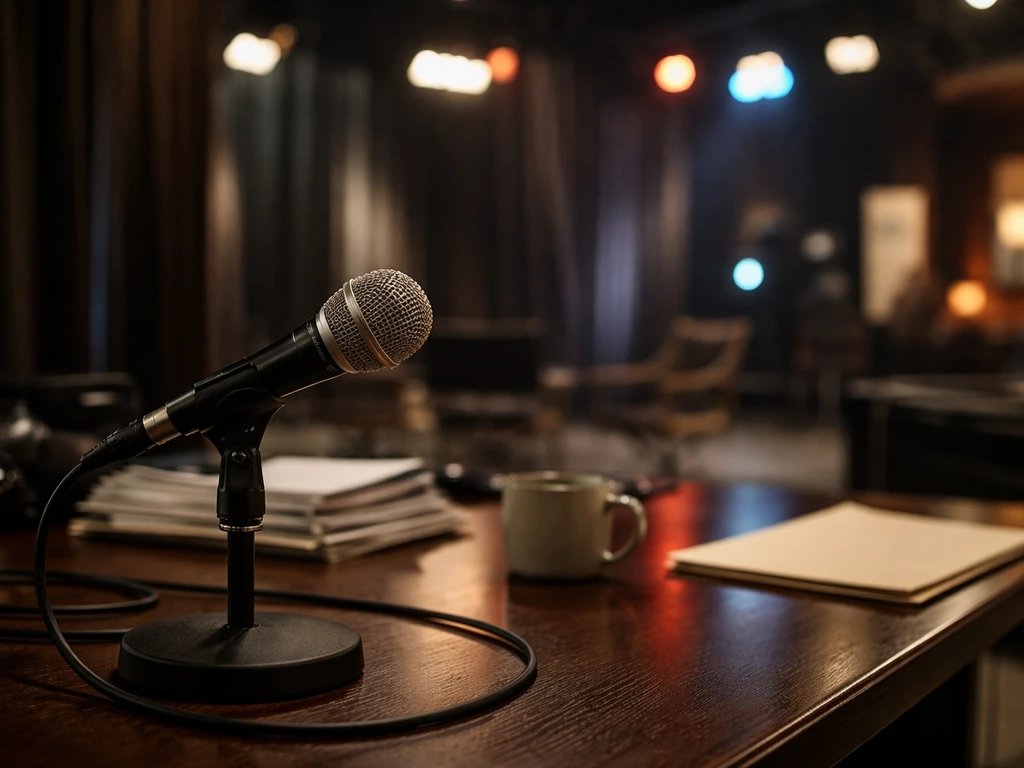 Moody NBC-style TV studio set with a microphone and soft lights, symbolizing a 2006–2010 recurring TV role