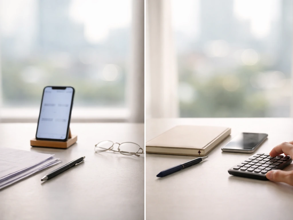 Side-by-side desk setups with blurred phones/calculator symbolizing differing net-worth numbers.