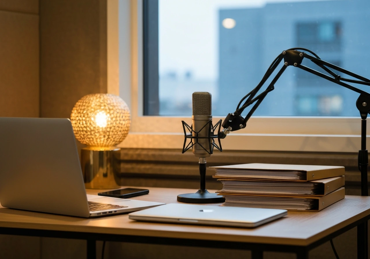 Quiet studio desk with a microphone and business documents, symbolizing talent management and media work.