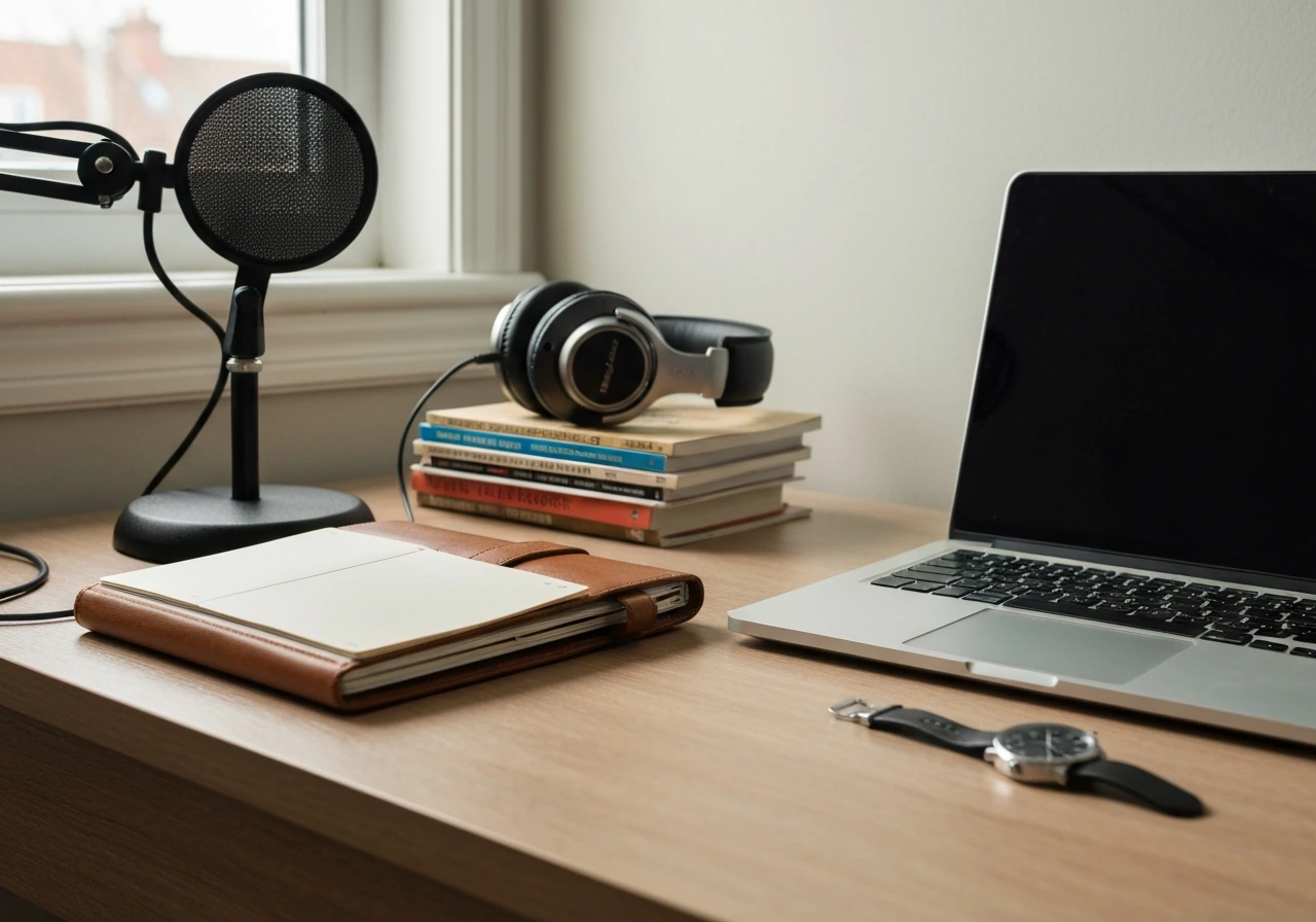 Minimal desk scene with microphone, headphones, travel brochures, and planner suggesting career earnings milestones.