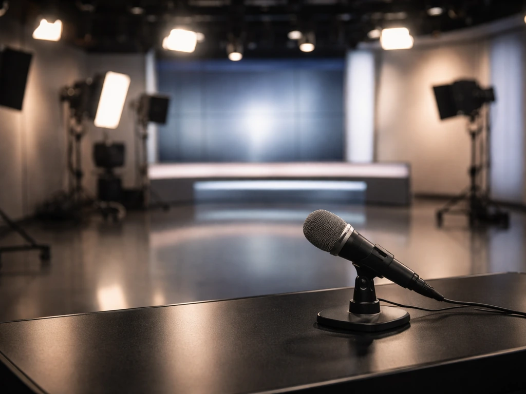 Empty upscale TV studio set with studio lights and a sleek desk symbolizing media career and wealth