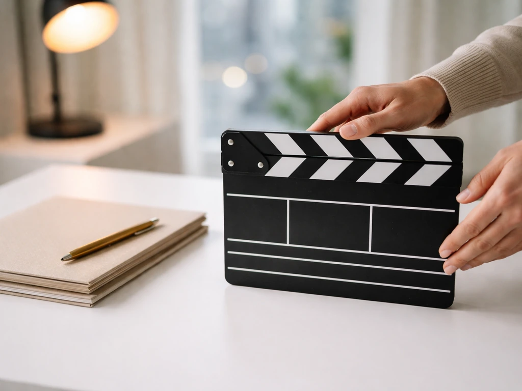 Woman’s hands on a film clapper beside a fashion-style contract folder, suggesting TV acting and brand deals.