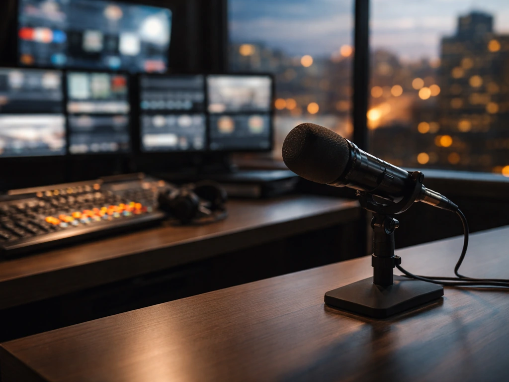 Luxury media studio scene with a desk microphone and warm city lights, symbolizing TV success and wealth.