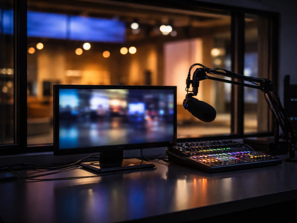 Spanish TV studio control room with a studio monitor and soft lights symbolizing her media career.