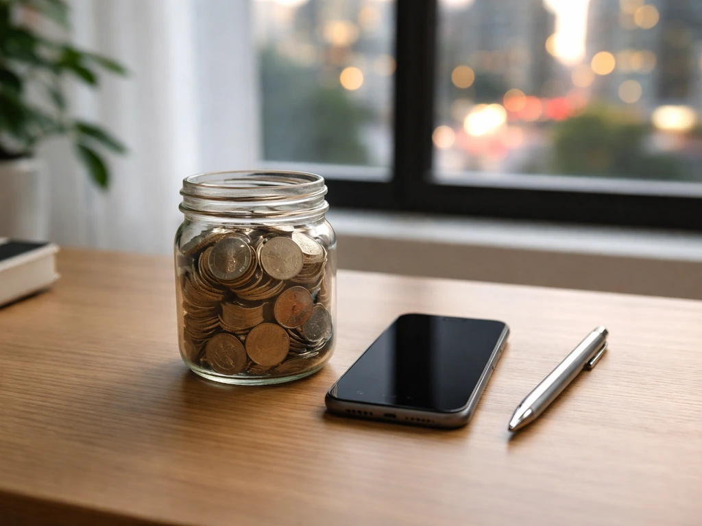 Minimal desk scene with scattered coins and a smartphone beside blurred city lights, symbolizing net worth estimation.