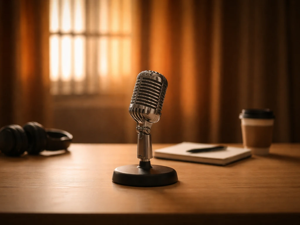 Minimal shot of a Netflix-style orange prison curtain beside a microphone, symbolizing her breakout role and public atte