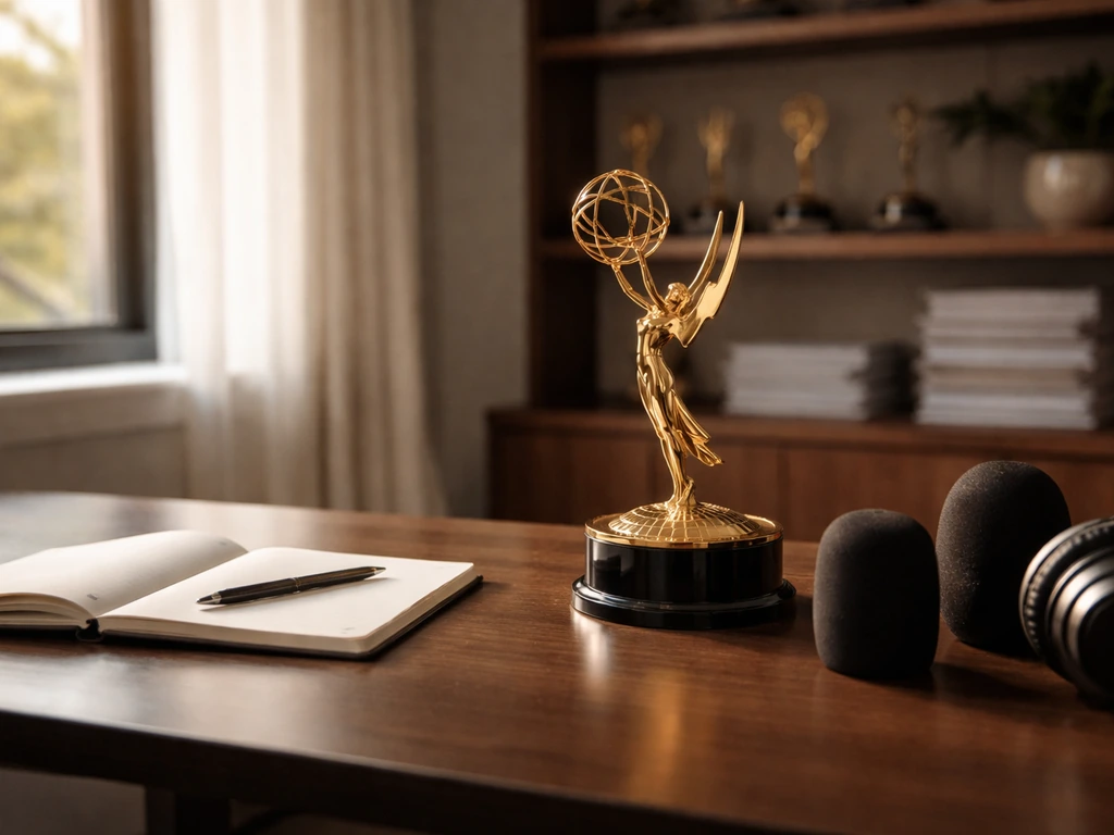 Gold Emmy-style trophy on a desk in a quiet media office, symbolizing major TV career milestones.