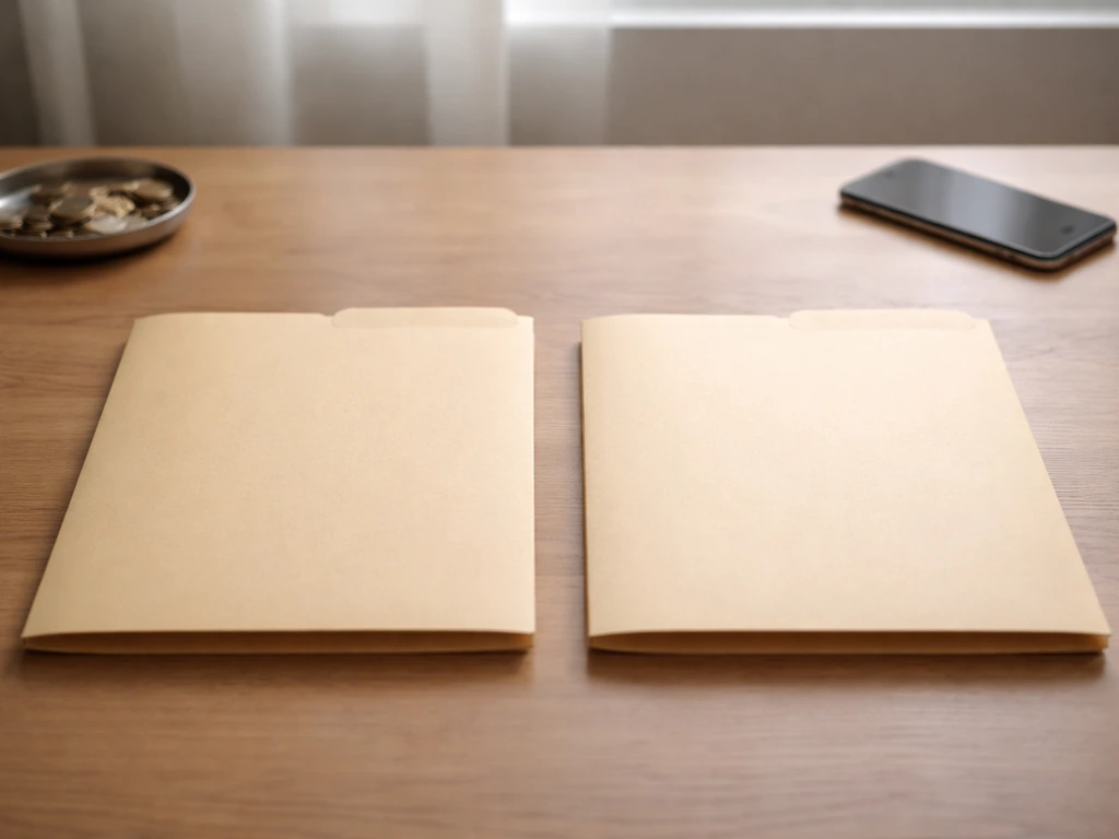 Minimal photo of two folders side by side on a desk, symbolizing comparing net worth estimates