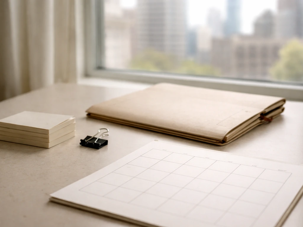 Minimal desk with archival cards and a calendar page suggesting identity verification without readable text