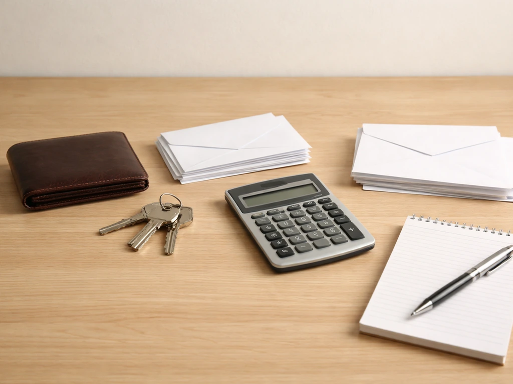 Minimal photo showing a notepad with stacks of envelopes beside a calculator to symbolize net worth assets and liabiliti