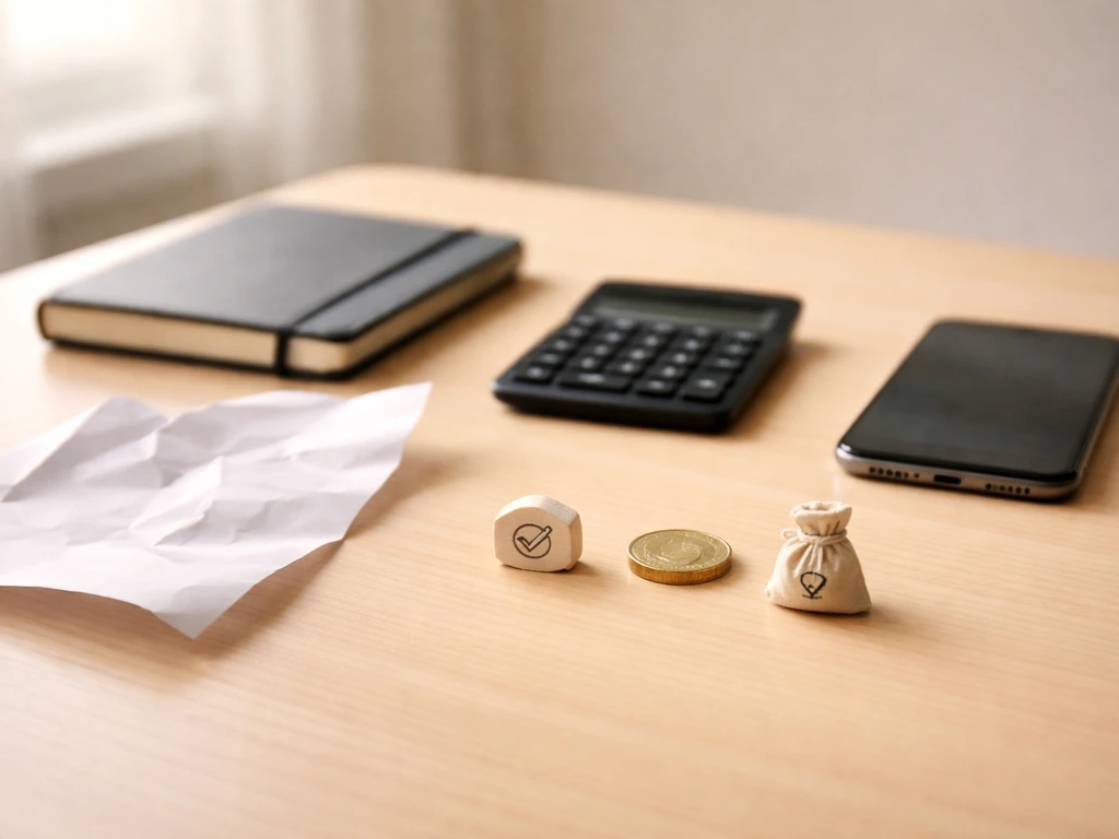 Minimal desk scene with loose papers, a calculator, and a blurred smartphone—symbolizing varying net worth estimates.