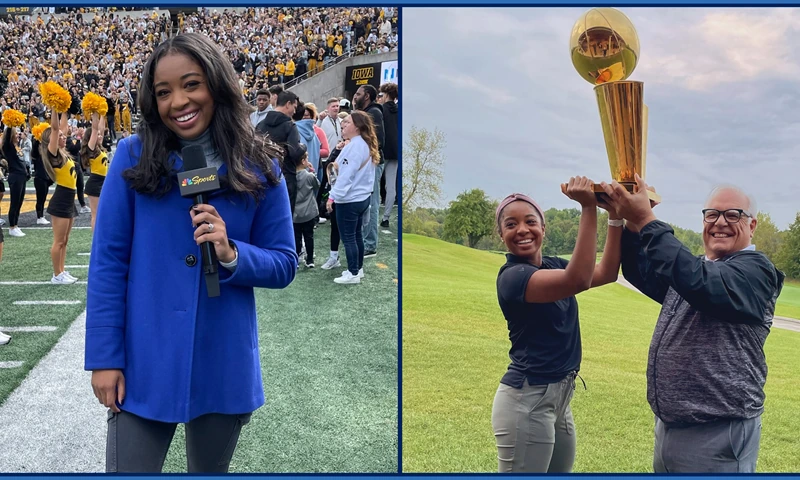 Zora Stephenson holding an NBC Sports microphone on a football field, smiling in front of a crowd