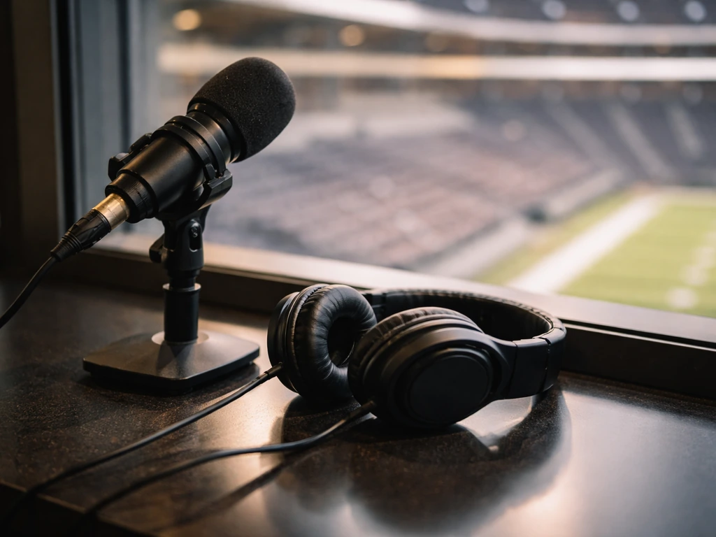 Anonymous sports broadcasting desk with a microphone and headphones in front of a blurred arena view.