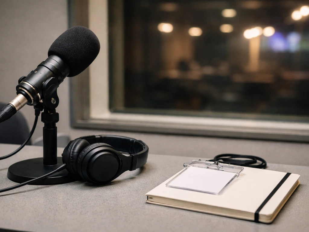 Minimal studio scene with a microphone and a simple cue of salary components using objects, not text.