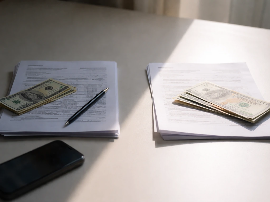 Desk scene with papers and cash suggesting conflicting online net worth estimates, no readable numbers or text.