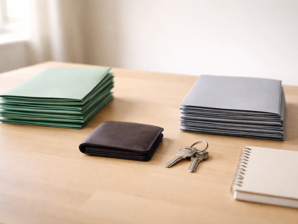 Desk scene with separated folders and wallet/keys to symbolize assets versus liabilities for net worth.