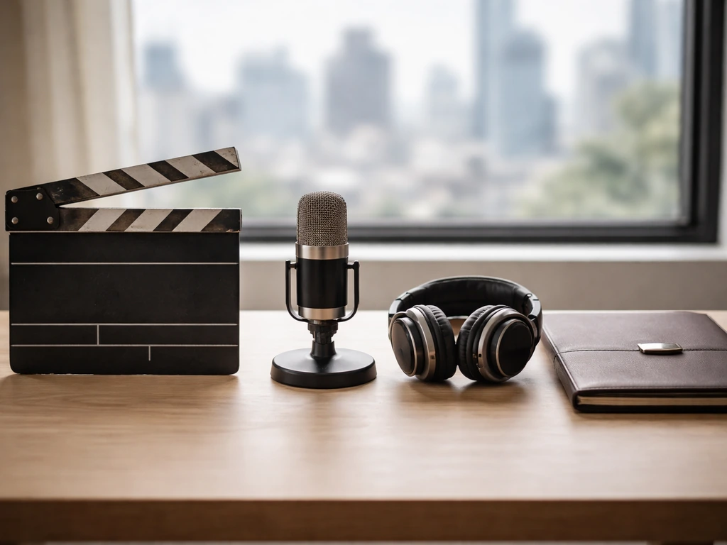 Minimal desk scene with items symbolizing acting, producer credits, music, and brand partnerships