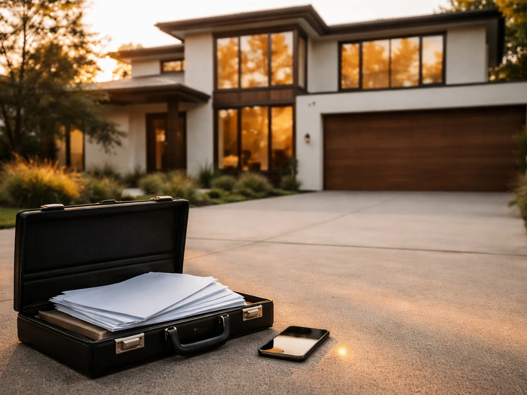 Modern home exterior with a briefcase and plain documents suggesting property equity and asset ownership