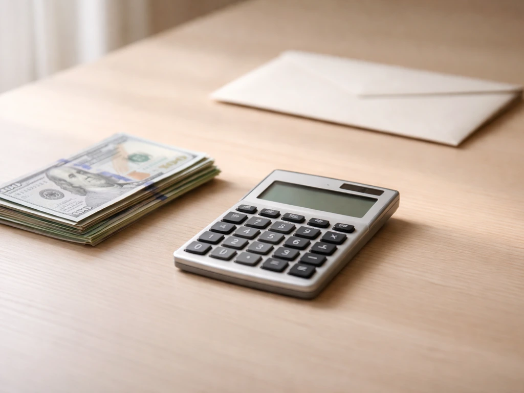 Minimal photo of a calculator and neatly arranged money, suggesting net worth estimate calculation
