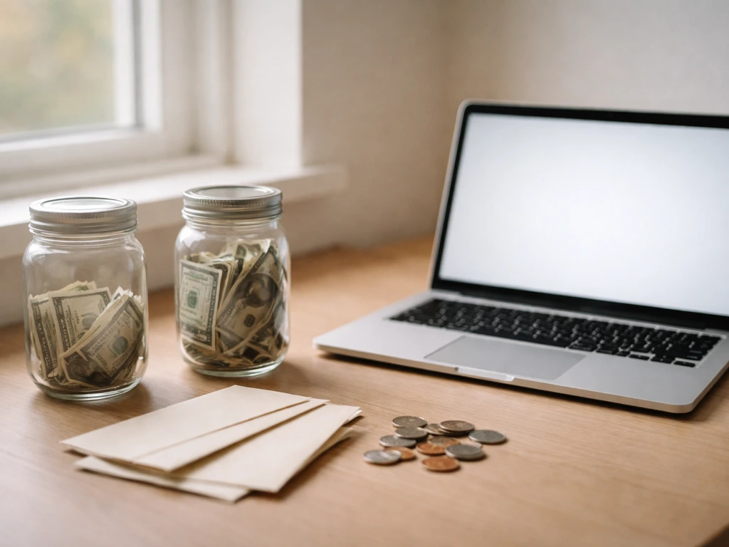 Open laptop on a desk with scattered envelopes and coins, symbolizing varying net-worth estimates