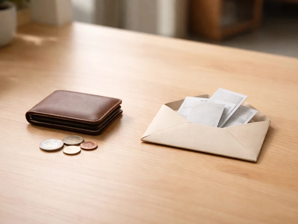 Minimal tabletop photo showing wallet and envelope with coins and receipts to symbolize assets minus liabilities.