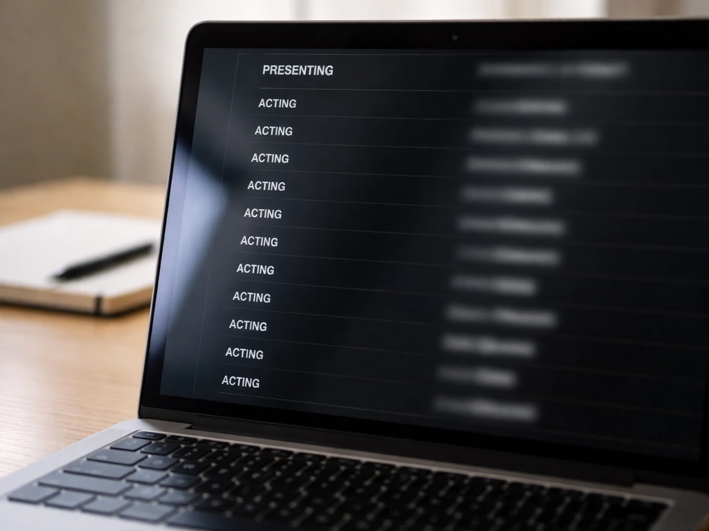 Close-up of a laptop displaying an IMDb-like credits list with presenting and acting entries; neutral office desk.