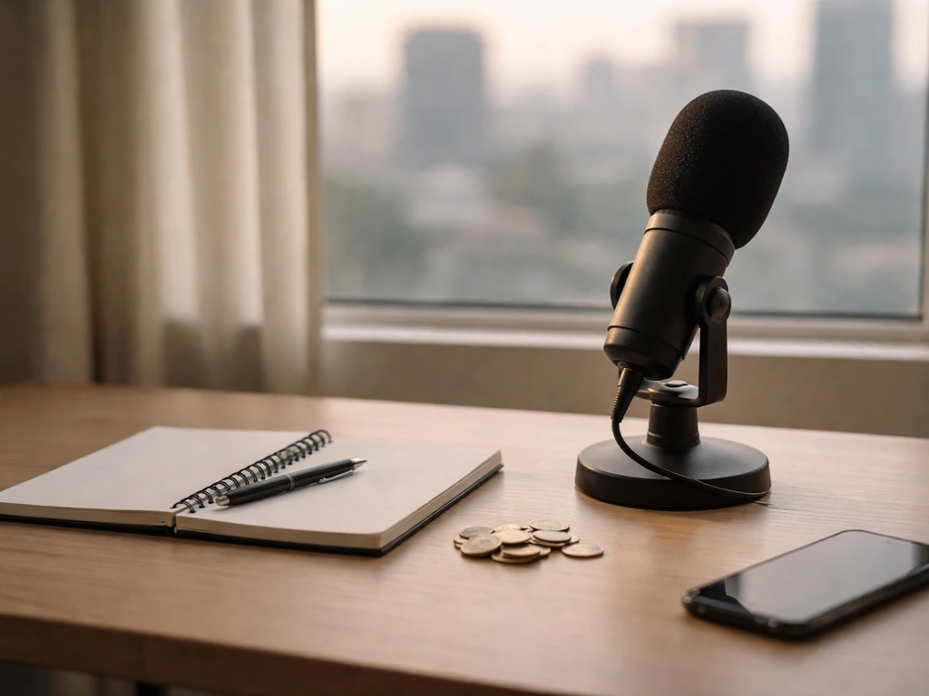 Minimal desk scene with a studio microphone, notebook, and a few coins suggesting changing career income.