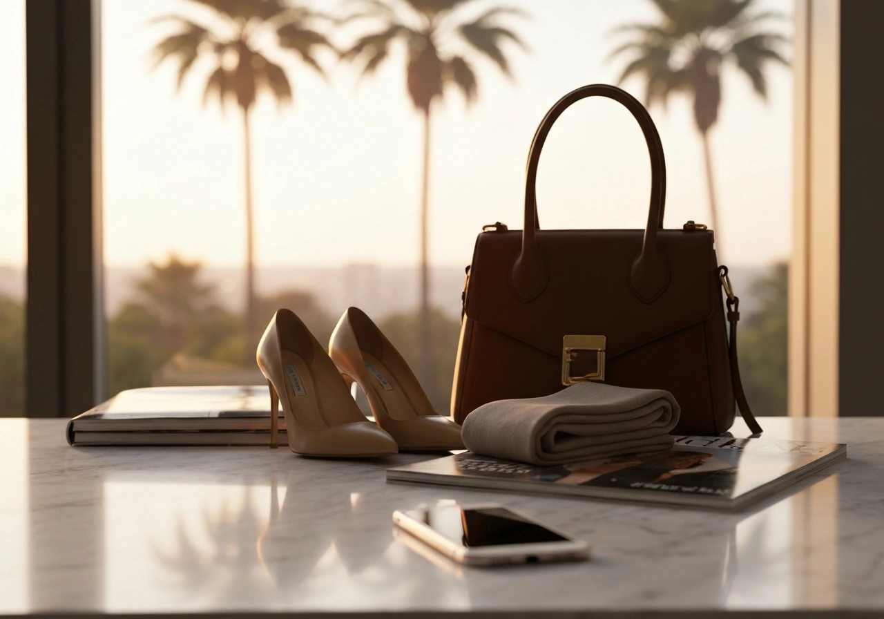 Luxury designer shoes and handbag on a marble desk with warm sunset light and soft palm background bokeh.