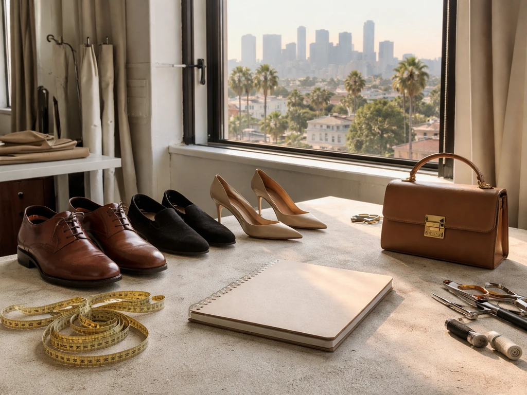 Minimal Los Angeles fashion studio bench with designer shoes and accessories near a window skyline.