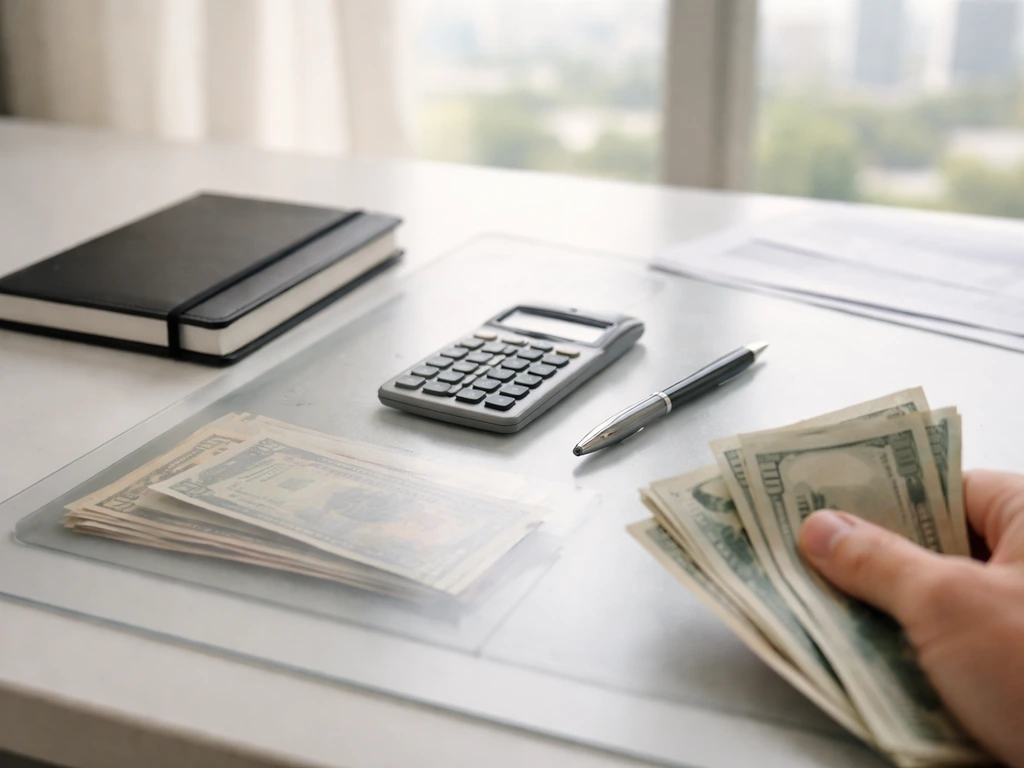 Minimal photo of a hand holding cash beside a calculator on a desk, symbolizing a credible money estimate range.