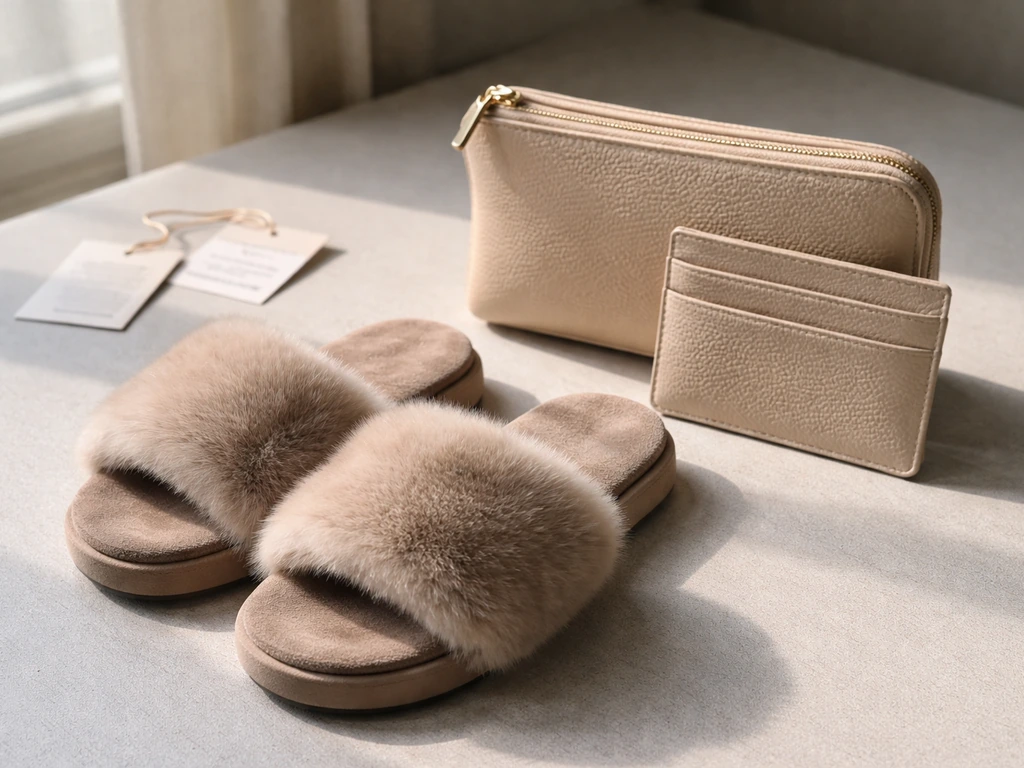 Close-up of luxury mink slides and accessories on a table with blank tag-like paper slips.