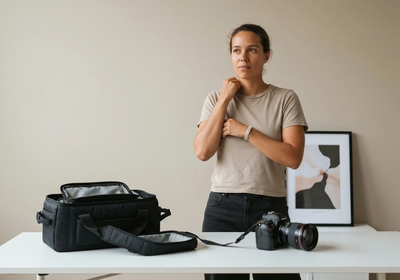 South African visual activist photographer in a studio with camera gear, focused on creating art.