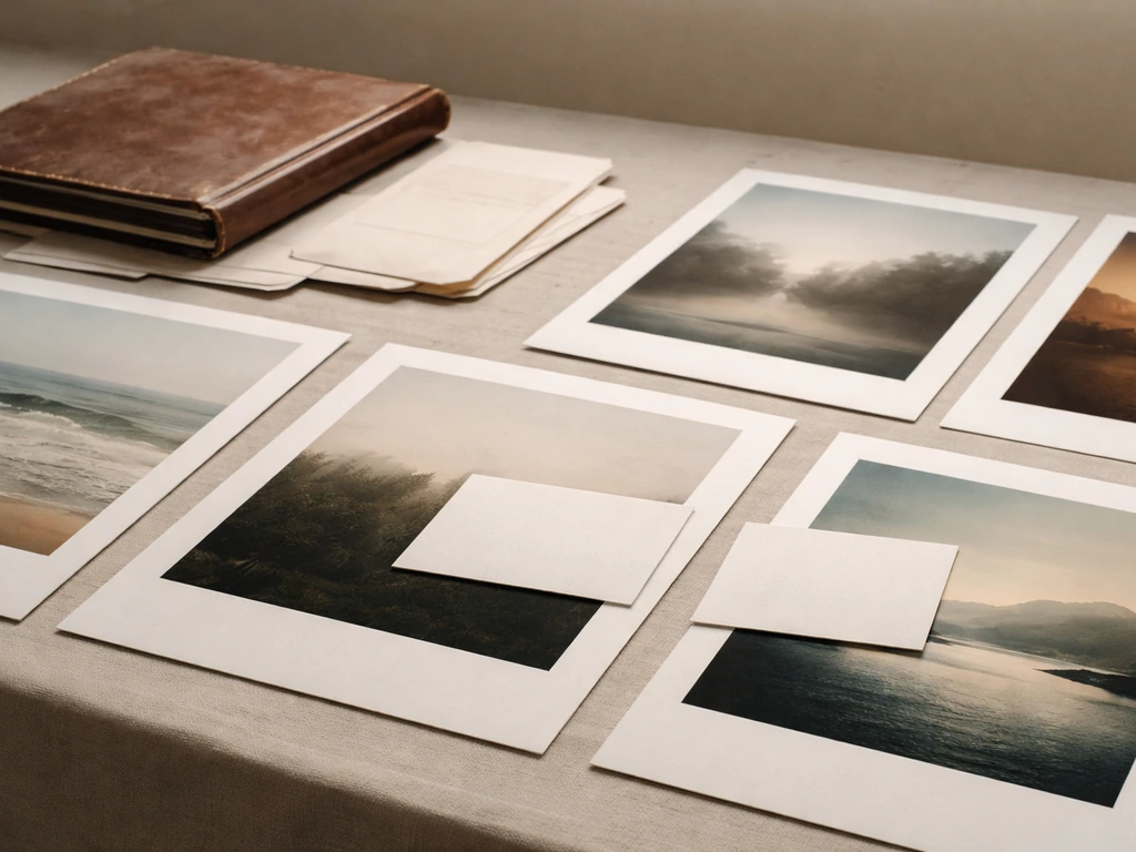 Fine-art photo edition prints laid on a table with blank price-context papers and envelopes.