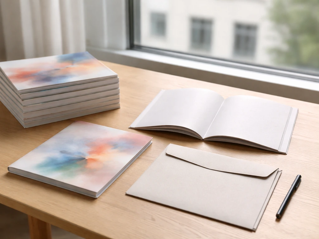 Stack of art catalogs and blank pages on a wooden table with a gallery sales envelope nearby.