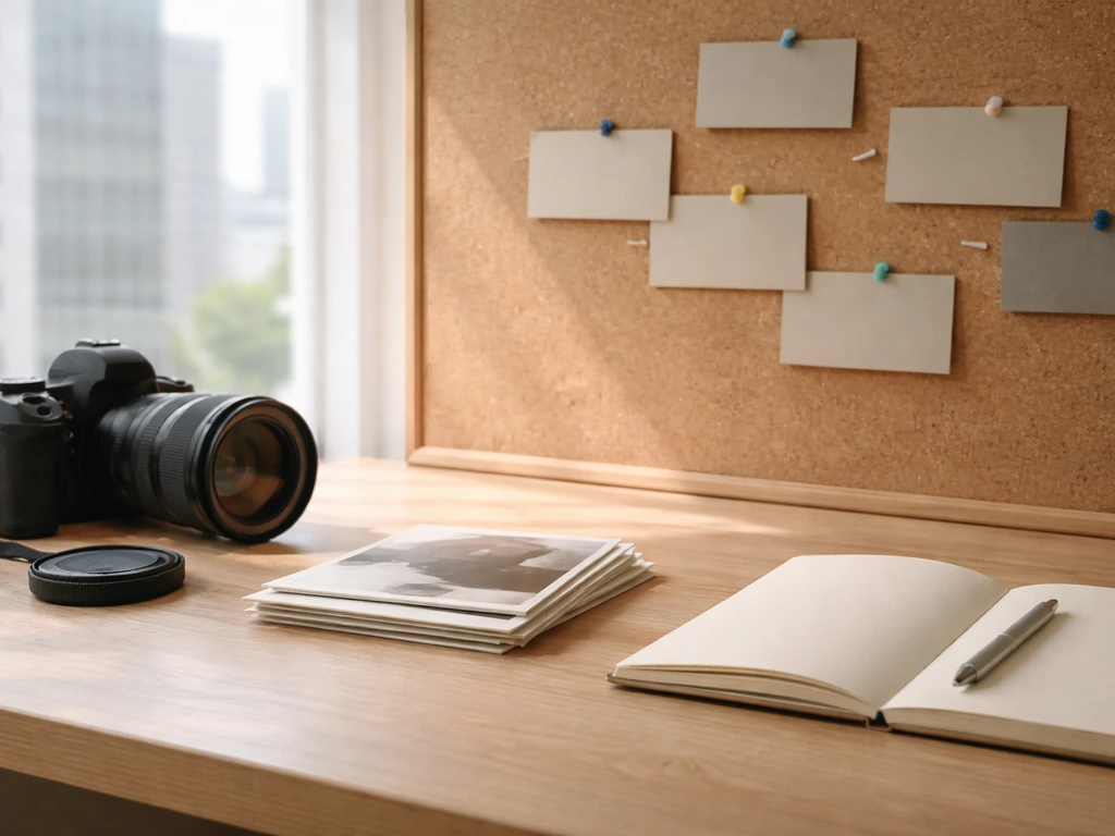 Minimal desk scene with camera, notebook, and pinned milestones, symbolizing career progression in finance.
