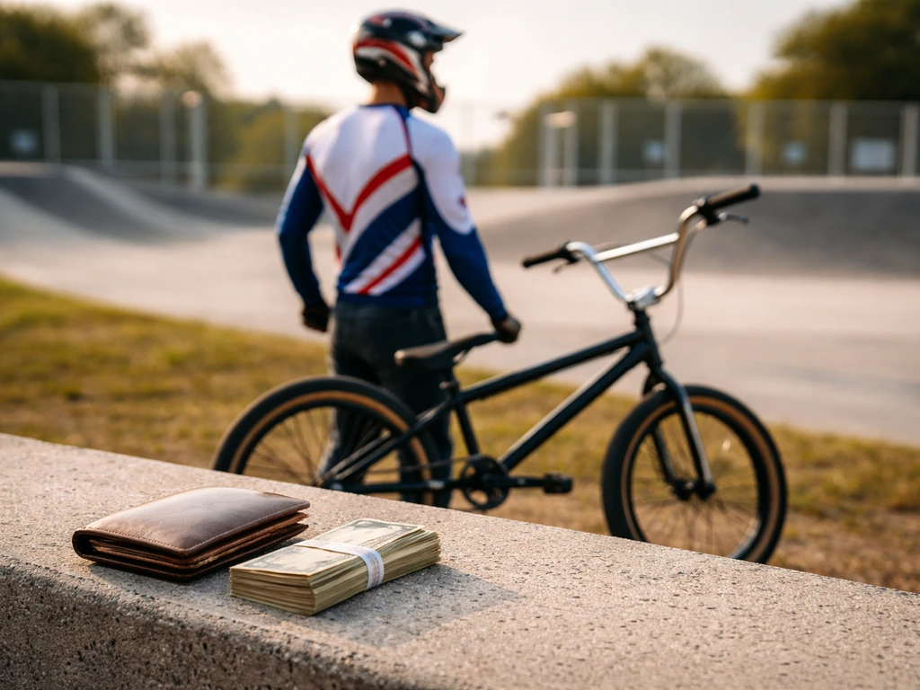 Anonymous BMX cyclist and premium bike near a track, with a wallet and cash-like papers suggesting net worth.