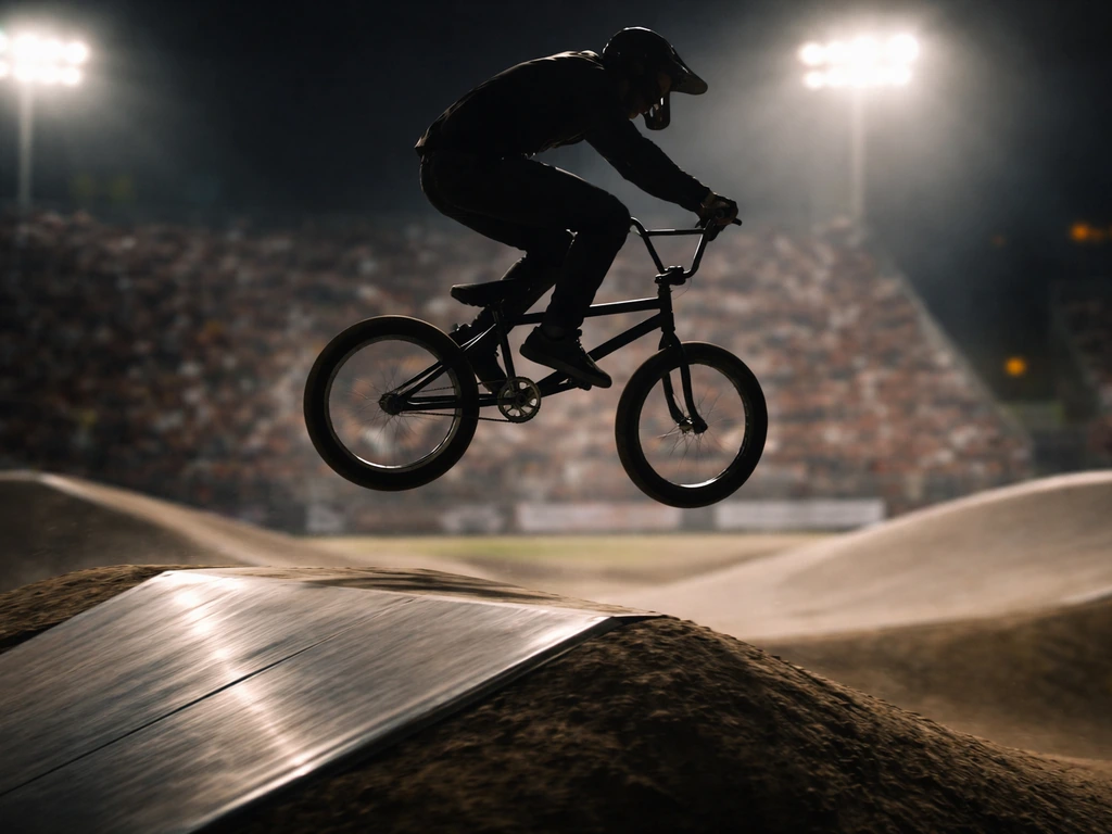 Anonymous BMX rider in motion during a championship race under stadium lights, symbolic of competitive earnings