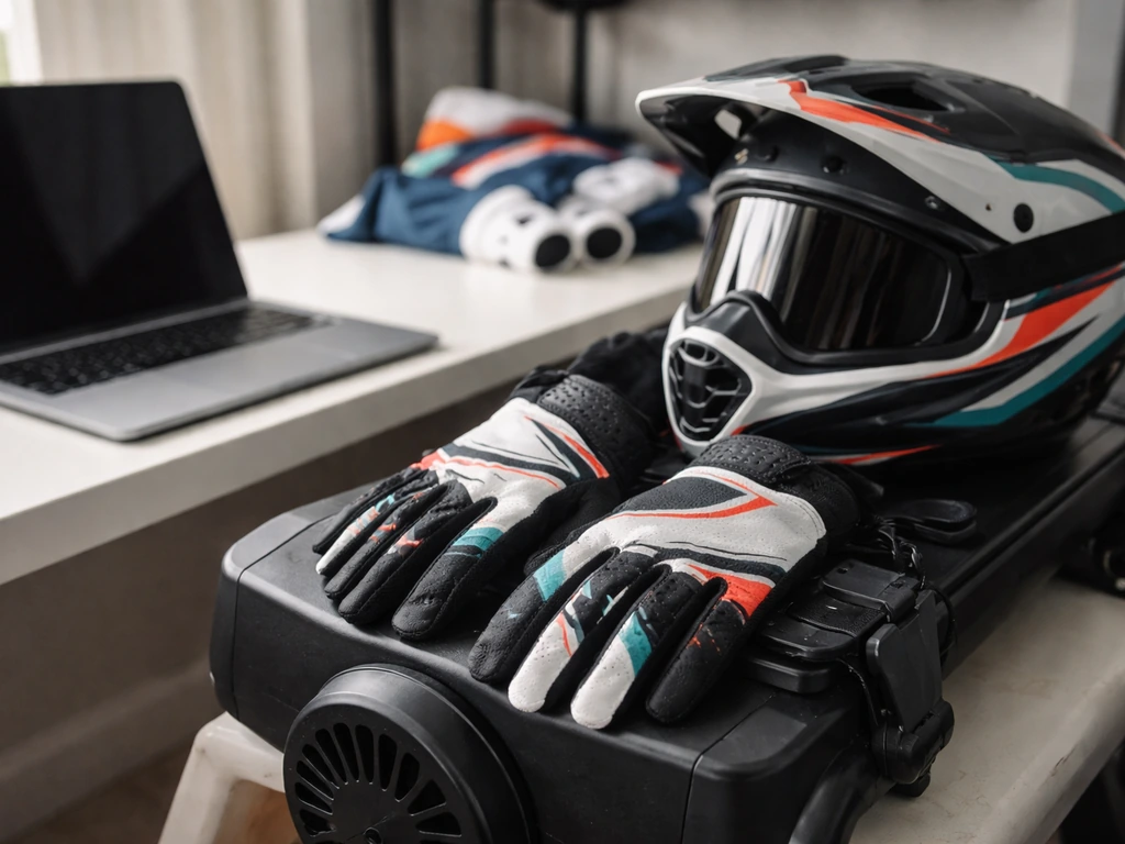 Close-up of a BMX rider’s branded gloves and helmet on a trainer beside a laptop, evoking sponsorship and earnings.