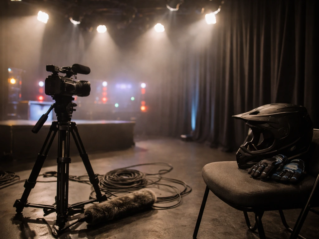 An empty UK TV studio set with a tripod camera and a cyclist helmet suggesting media appearances.