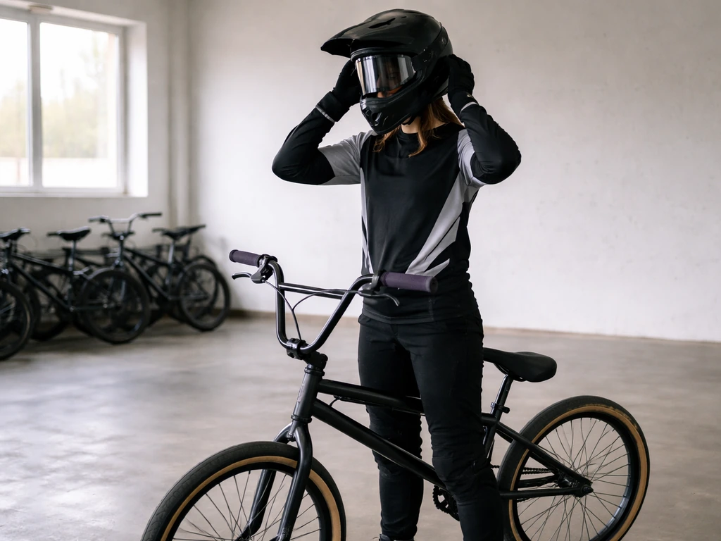 Anonymous rider adjusting helmet beside a BMX bike in a minimal cycling academy training room.