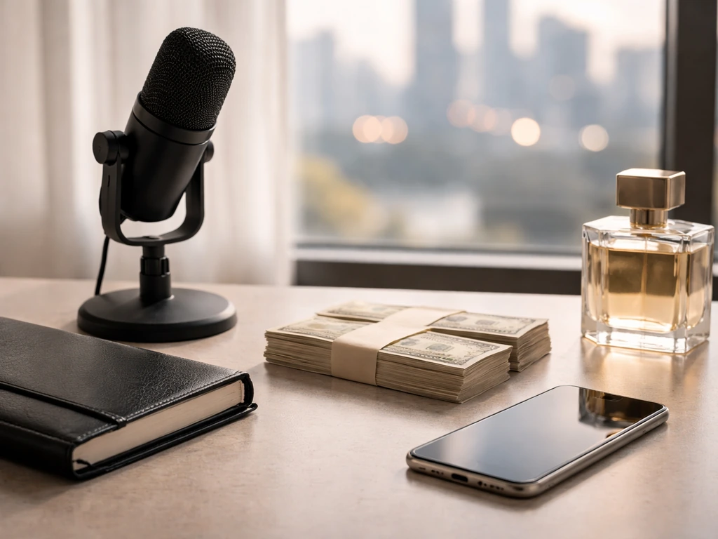 Luxury studio desk with microphone, off phone, and neatly stacked cash bundles under soft window light.