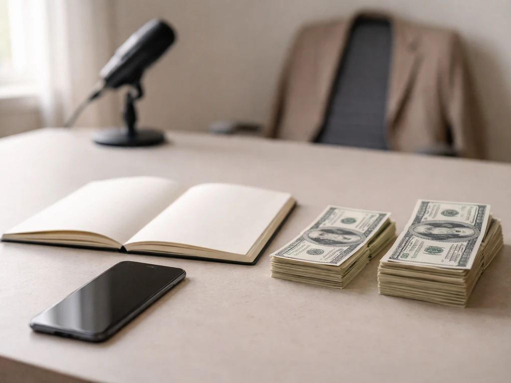 Minimal desk scene with blank notebook and two fanned stacks of cash symbolizing net-worth range.