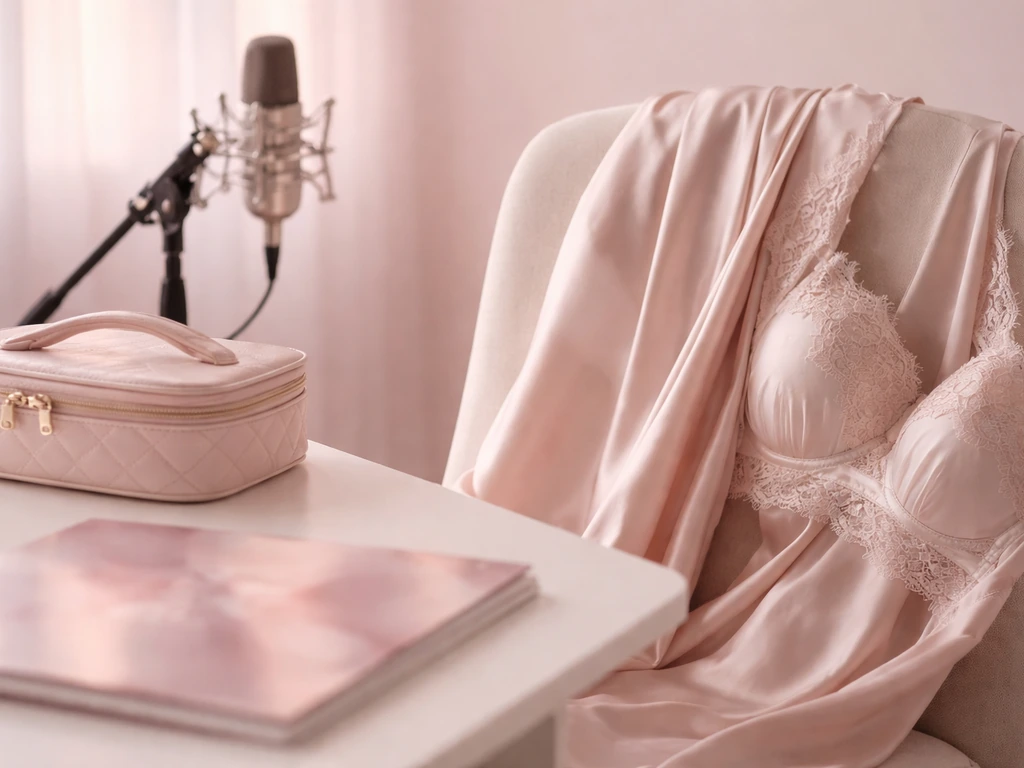 Minimal studio desk with soft pink fashion fabric and a microphone, suggesting a PINK campaign deal.