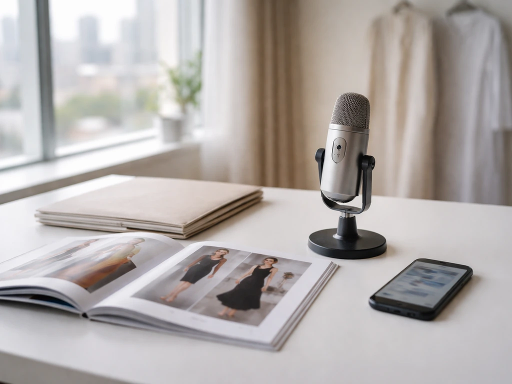 Fashion office desk with an open catalog, portfolio folder, and microphone, symbolizing agency and commercial work.