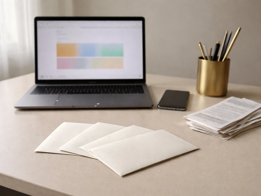 Minimal desk scene with laptop and envelopes suggesting conflicting money estimates, no readable text.