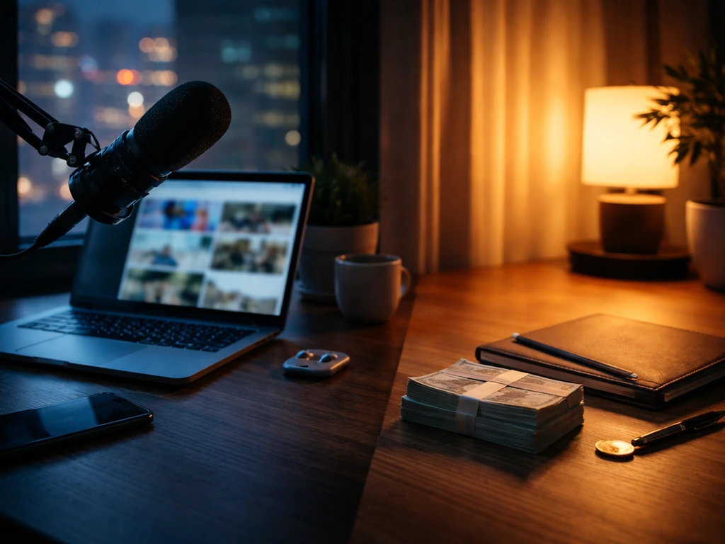 Split-style symbolic scene with a laptop, microphone, and subtle money cues for creator earnings analysis