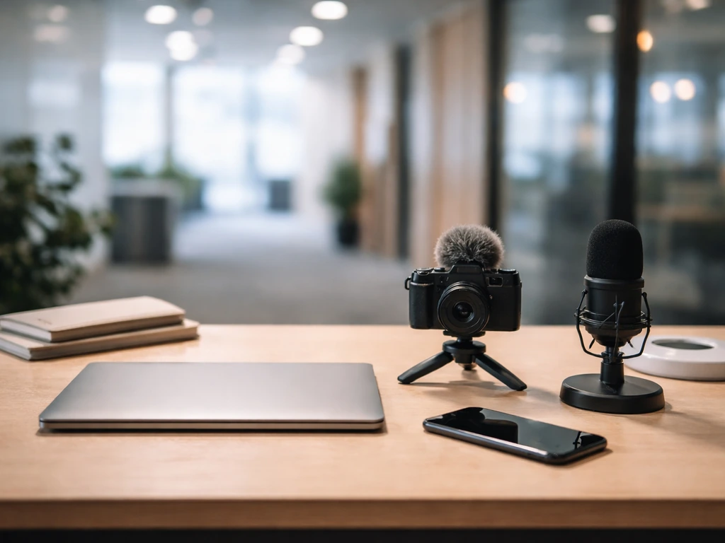A Microsoft office desk setup with a camera, microphone, and phone suggesting a creator’s financial lifestyle