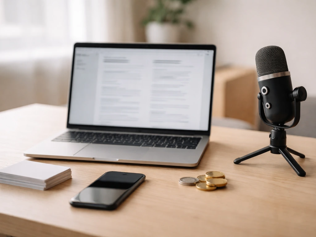 Minimal desk photo with open laptop, podcast mic, and coins/tokens symbolizing income sources.