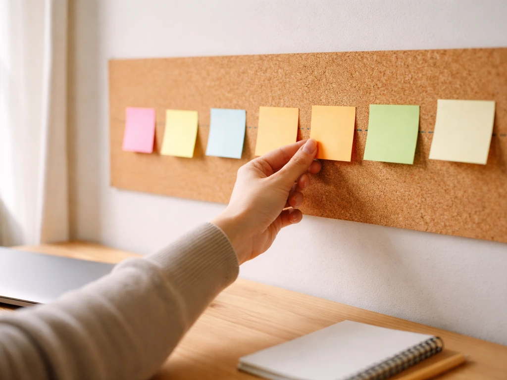 Hand placing blank colored milestone sticky notes on a cork board timeline, warm natural light, minimal scene