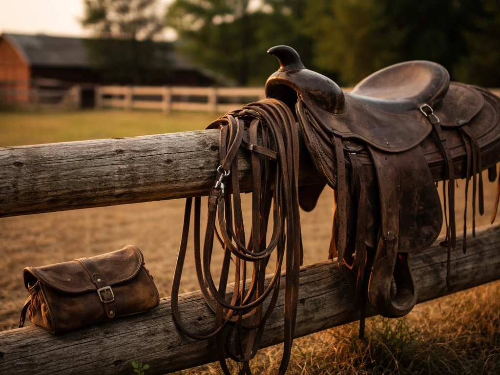 Close view of tack and reins on a South Dakota-style ranch saddle bench near a barn at golden hour